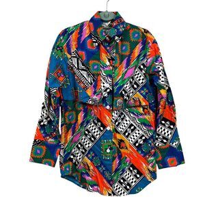 VTG Simplicity Womens Shirt Collared Western Aztec Button Up Long Sleeve‎ Sz S*
